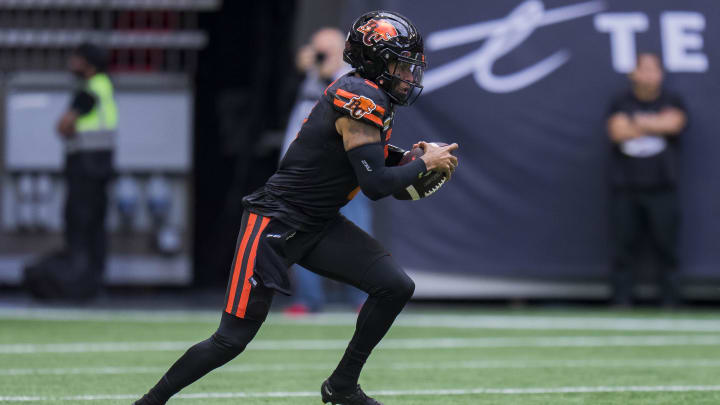 Jun 17, 2023; Vancouver, British Columbia, CAN; BC Lions quarterback Vernon Adams Jr. (3) carries the ball against the Edmonton Elks during the first half in at BC Place. Mandatory Credit: Bob Frid-USA TODAY Sports