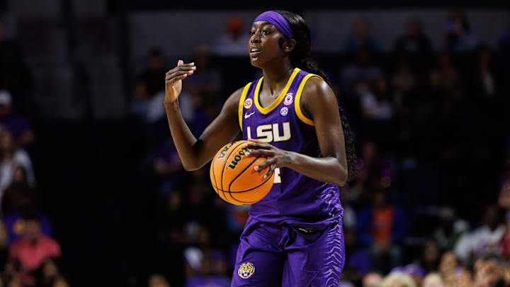 Jan 19, 2025; Gainesville, Florida, USA; LSU Tigers guard Flau'Jae Johnson (4) gestures against the Florida Gators during the first half at Exactech Arena at the Stephen C. O'Connell Center. Mandatory Credit: Matt Pendleton-Imagn Images