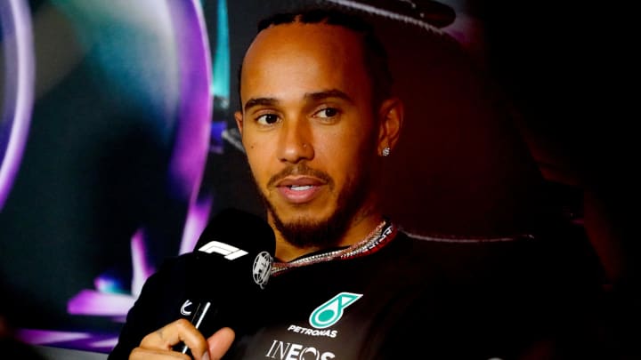 May 2, 2024; Miami Gardens, Florida, USA;  Mercedes driver Lewis Hamilton (44)  addresses the media in advance of the Miami Grand Prix at the Miami International Autodrome. Mandatory Credit: John David Mercer-USA TODAY Sports