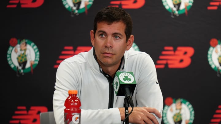 Oct 2, 2023; Boston, Celtics, USA; Boston Celtics president of basketball operations Brad Stevens talks during Boston Celtics Media Day. Mandatory Credit: David Butler II-USA TODAY Sports