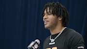North Carolina RB Omarion Hampton talks to the press during the 2025 NFL Combine at the Indiana Convention Center.