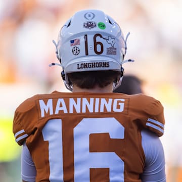 Detailed view of the jersey of Texas Longhorns quarterback Arch Manning (16)