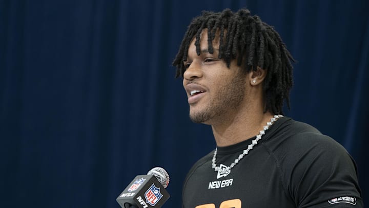 North Carolina RB Omarion Hampton talks to the press during the 2025 NFL Combine at the Indiana Convention Center. North Carolina RB Omarion Hampton talks to the press during the 2025 NFL Combine at the Indiana Convention Center.
