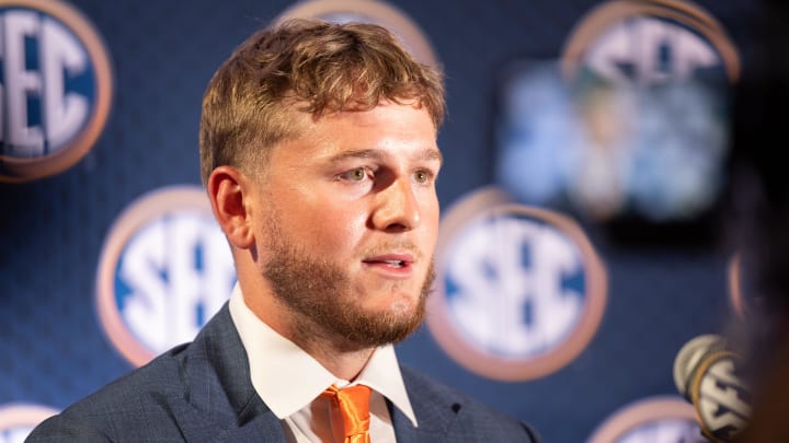 Jul 17, 2024; Dallas, TX, USA; Texas quarterback Quinn Ewers speaking at Omni Dallas Hotel. Mandatory Credit: Brett Patzke-USA TODAY Sports