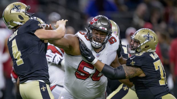 Tampa Bay Buccaneers defensive tackle Vita Vea (50) pressures New Orleans Saints quarterback Derek Carr (4)