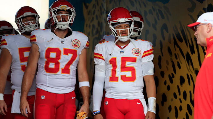 Kansas City Chiefs quarterback Patrick Mahomes (15) looks on next to tight end Travis Kelce (87) before a preseason NFL football game Saturday, Aug. 10, 2024 at EverBank Stadium in Jacksonville, Fla. The Jacksonville Jaguars defeated the Kansas City Chiefs 26-13. [Corey Perrine/Florida Times-Union]