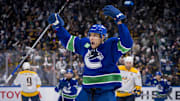 Apr 21, 2024; Vancouver, British Columbia, CAN; Vancouver Canucks forward Dakota Joshua (81) celebrates scoring the game winning goal against the Nashville Predators in the third period in game one of the first round of the 2024 Stanley Cup Playoffs at Rogers Arena. Mandatory Credit: Bob Frid-Imagn Images