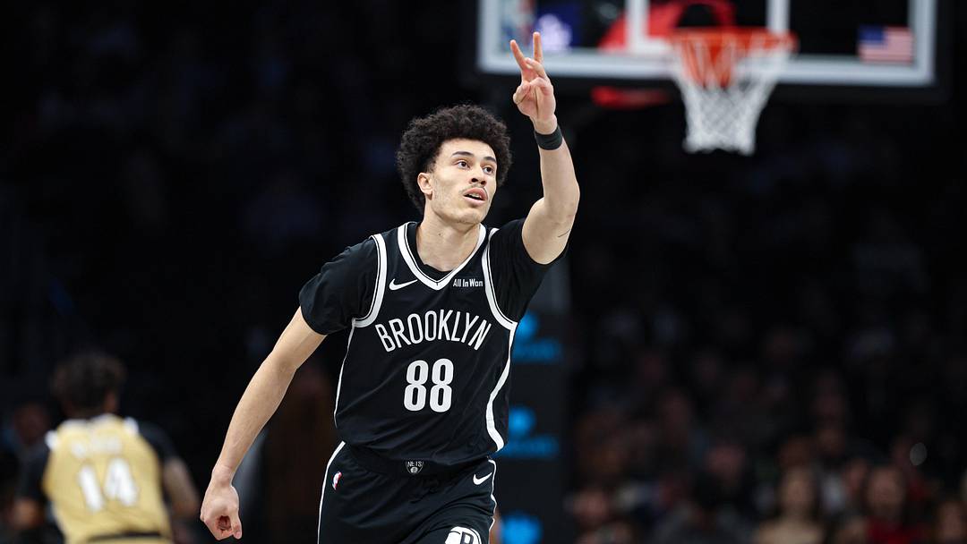Apr 5, 2026; Brooklyn, New York, USA; Brooklyn Nets guard Nolan Traore (88) reacts after making a three point basket during the first quarter against the Washington Wizards at Barclays Center. Mandatory Credit: Vincent Carchietta-Imagn Images