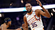 Jan 31, 2025; San Francisco, California, USA; Phoenix Suns forward Kevin Durant (35) reacts after having his jersey pulled during action against the Golden State Warriors in the first quarter at the Chase Center. Mandatory Credit: Cary Edmondson-Imagn Images
