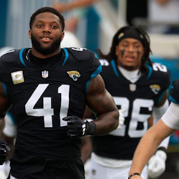 Jacksonville Jaguars defensive end Josh Hines-Allen (41) runs on the field before the game of an NFL football matchup Sunday, Nov. 10, 2024 at Everbank Stadium in Jacksonville, Fla. The Vikings defeated the Jaguars 12-7. [Corey Perrine/Florida Times-Union]