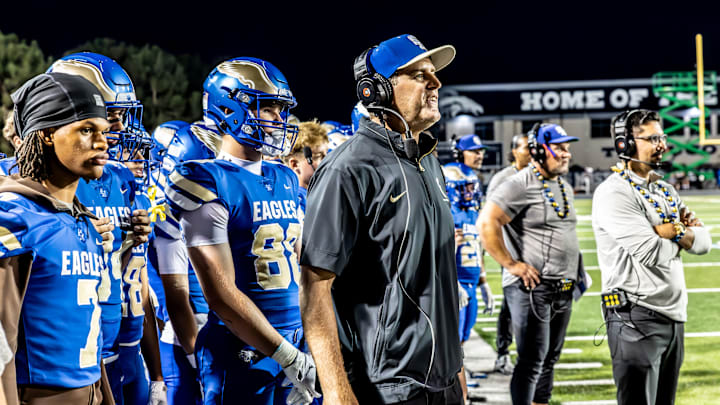 Carson Palmer on the sidelines while coaching his Santa Margarita football team; The Eagles have defeated national powers Corona Centennial and Mater Dei and now gets top-ranked St. John Bosco on Friday night