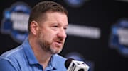 Mar 27, 2025; Atlanta, GA, USA; Mississippi Rebels head coach Chris Beard addresses the media in a press conference during NCAA Tournament South Regional Practice at State Farm Arena. Mandatory Credit: Brett Davis-Imagn Images