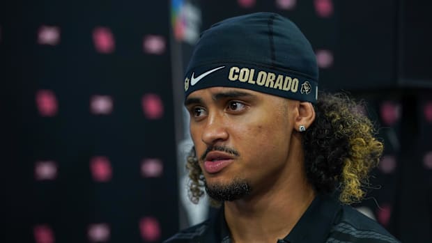 Colorado quarterback Julian Lewis speaks with the media during 2025 Big 12 Football Media Days at The Star. 