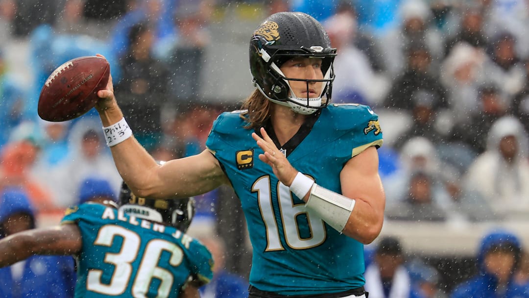 Jacksonville Jaguars quarterback Trevor Lawrence (16) looks to pass during the second quarter of an NFL football game at EverBank Stadium, Sunday, Dec. 7, 2025, in Jacksonville, Fla. Jacksonville Jaguars quarterback Trevor Lawrence (16) looks to pass during the second quarter of an NFL football game at EverBank Stadium, Sunday, Dec. 7, 2025, in Jacksonville, Fla.