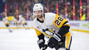 Oct 26, 2024; Vancouver, British Columbia, CAN; Pittsburgh Penguins defenseman Marcus Pettersson (28) skates during warm up prior to a game against the Vancouver Canucks at Rogers Arena. Mandatory Credit: Bob Frid-Imagn Images