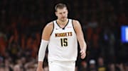 Denver Nuggets center Nikola Jokic walks down the court after a play against the OKC Thunder during the 2025 NBA Playoffs.
