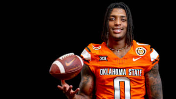Ollie Gordon II (0) is pictured during the Oklahoma State football media day