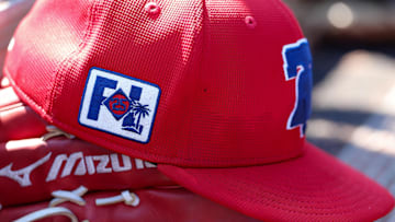 Feb 26, 2025; Dunedin, Florida, USA; Philadelphia Phillies outfielder Gabriel Rincones Jr. (85) hat sits in the dugout against the Toronto Blue Jays in the fifth inning during spring training at TD Ballpark. 