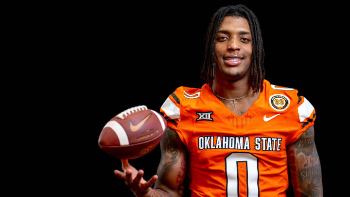 Ollie Gordon II (0) is pictured during the Oklahoma State football media day