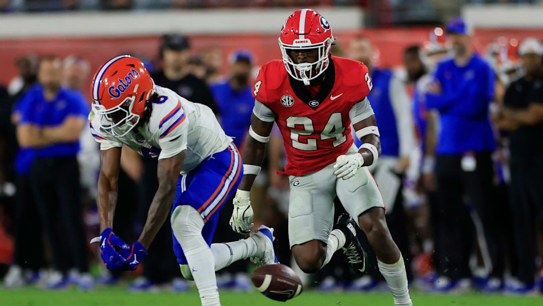 Florida Gators wide receiver Elijhah Badger (6) can’t haul in a reception against Georgia Bulldogs defensive back Malaki Starks (24) during the fourth quarter of an NCAA college football matchup Saturday, Nov. 2, 2024 at EverBank Stadium in Jacksonville, Fla. The Georgia Bulldogs defeated the Florida Gators 34-20. Florida Gators wide receiver Elijhah Badger (6) can’t haul in a reception against Georgia Bulldogs defensive back Malaki Starks (24) during the fourth quarter of an NCAA college football matchup Saturday, Nov. 2, 2024 at EverBank Stadium in Jacksonville, Fla. The Georgia Bulldogs defeated the Florida Gators 34-20.