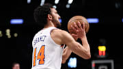 Apr 13, 2025; Brooklyn, New York, USA; New York Knicks guard Landry Shamet (44) shoots the ball during the first half against the Brooklyn Nets at Barclays Center. Mandatory Credit: Vincent Carchietta-Imagn Images
