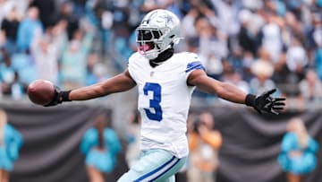 Oct 12, 2025; Charlotte, North Carolina, USA; Dallas Cowboys wide receiver George Pickens (3) celebrates a touchdown during the second half against the Carolina Panthers at Bank of America Stadium. Mandatory Credit: Scott Kinser-Imagn Images