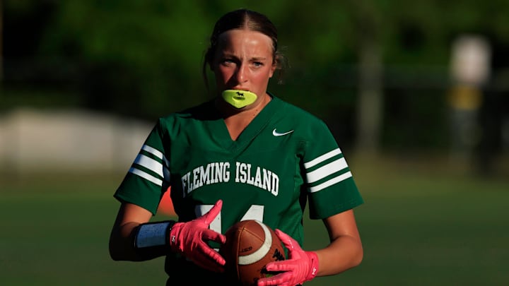Fleming Island's Emily Poucher (24) looks on during the second quarter of an FHSAA District 3-3A semifinal high school flag football matchup Wednesday, April 16, 2025 at Ponte Vedra High School in Ponte Vedra Beach, Fla. Fletcher rallied in the second half to defeat Fleming Island 13-12. Fleming Island's Emily Poucher (24) looks on during the second quarter of an FHSAA District 3-3A semifinal high school flag football matchup Wednesday, April 16, 2025 at Ponte Vedra High School in Ponte Vedra Beach, Fla. Fletcher rallied in the second half to defeat Fleming Island 13-12.