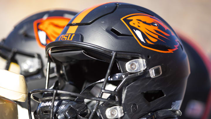 Nov 19, 2022; Tempe, Arizona, USA; Detailed view of an Oregon State Beavers helmet at Sun Devil Stadium. Mandatory Credit: Mark J. Rebilas-USA TODAY Sports