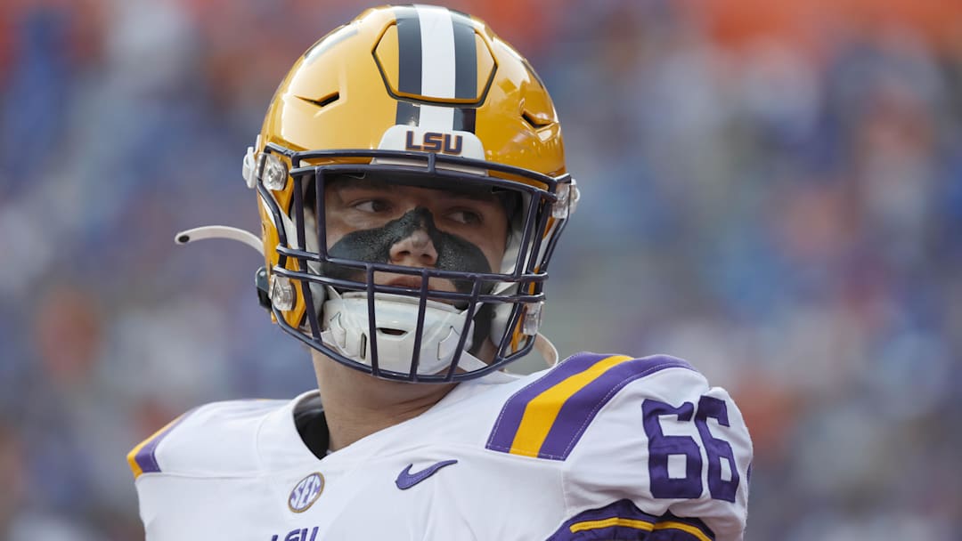 Oct 15, 2022; Gainesville, Florida, USA; LSU Tigers offensive lineman Will Campbell (66) against the Florida Gators prior to the game at Ben Hill Griffin Stadium. Mandatory Credit: Kim Klement-Imagn Images