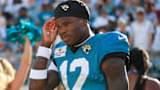 Jacksonville Jaguars wide receiver Travis Hunter (12) walks on the field during an NFL scrimmage event at EverBank Stadium, Friday, Aug. 1, 2025, in Jacksonville, Fla. [Corey Perrine/Florida Times-Union]
