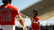 Kristian Campbell comes off the field during a Red Sox Spring Training game on March 11, 2025, at JetBlue Park in Fort Myers, Florida.