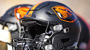 Nov 19, 2022; Tempe, Arizona, USA; Detailed view of an Oregon State Beavers helmet at Sun Devil Stadium. Mandatory Credit: Mark J. Rebilas-Imagn Images
