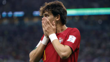Nov 28, 2022; Lusail, Qatar; Portugal forward Joao Felix (11) reacts to a missed scoring chance against Uruguay during the second half of the group stage match in the 2022 World Cup at Lusail Stadium. Mandatory Credit: Yukihito Taguchi-USA TODAY Sports