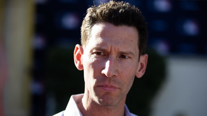 Nov 7, 2023; Scottsdale, AZ, USA; Boston Red Six chief baseball officer Craig Breslow speaks to the media during the MLB General Manager's Meetings at Omni Scottsdale Resort & Spa. Mandatory Credit: Mark J. Rebilas-Imagn Images