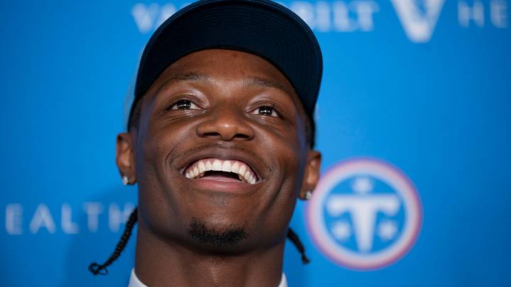 Tennessee Titans first round draft pick wide receiver Carnell Tate, 4th overall pick, stands for a portrait at Vanderbilt Health Football Center Friday, April 24, 2026.