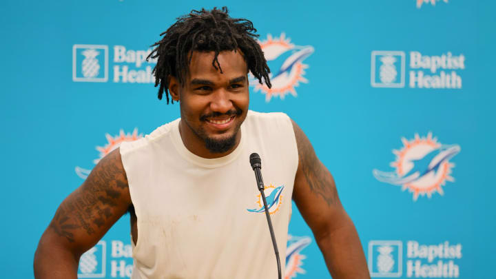 Miami Dolphins wide receiver Jaylen Waddle (17) talks to reporters during an interview after training camp at Baptist Health Training Complex.