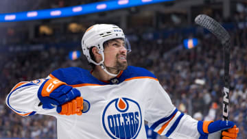 May 8, 2024; Vancouver, British Columbia, CAN; Edmonton Oilers defenseman Cody Ceci (5) celebrates his goal