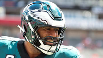 Philadelphia Eagles offensive tackle Jordan Mailata (68) warms up before the game against the Tampa Bay Buccaneers at Raymond James Stadium.