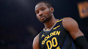 May 12, 2025; San Francisco, California, USA; Golden State Warriors forward Jonathan Kuminga (00) stands on the court before a play against the Minnesota Timberwolves in the second quarter during game four of the second round for the 2025 NBA Playoffs at Chase Center. Mandatory Credit: Cary Edmondson-Imagn Images