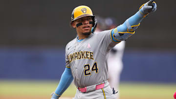 May 11, 2025; Tampa, Florida, USA; Milwaukee Brewers catcher William Contreras (24) reacts after hitting a home run against the Tampa Bay Rays in the fourth inning at George M. Steinbrenner Field. Mandatory Credit: Nathan Ray Seebeck-Imagn Images