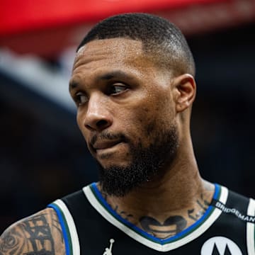 Apr 22, 2025; Indianapolis, Indiana, USA; Milwaukee Bucks guard Damian Lillard (0) during game two of first round for the 2024 NBA Playoffs against the Indiana Pacers at Gainbridge Fieldhouse. Mandatory Credit: Trevor Ruszkowski-Imagn Images