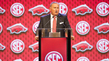 Jul 18, 2024; Dallas, TX, USA; Arkansas head coach Sam Pittman speaking at Omni Dallas Hotel. Mandatory Credit: Brett Patzke-USA TODAY Sports