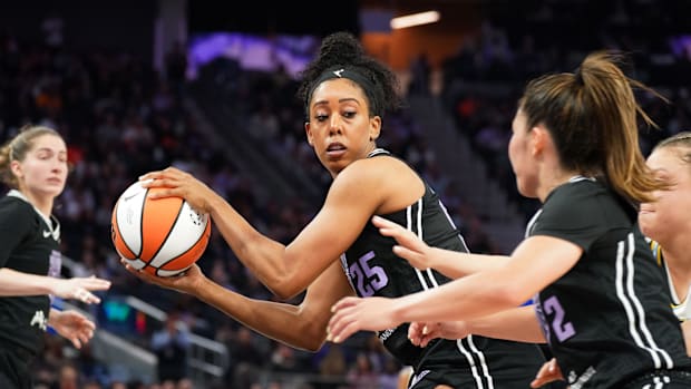 Golden State Valkyries forward Monique Billings grabs a rebound.
