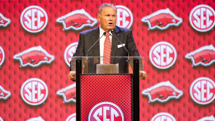 Jul 18, 2024; Dallas, TX, USA; Arkansas head coach Sam Pittman speaking at Omni Dallas Hotel. Mandatory Credit: Brett Patzke-USA TODAY Sports