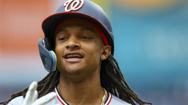 Jun 20, 2026; St. Petersburg, Florida, USA; Washington Nationals shortstop CJ Abrams (5) reacts after hitting a home run against the Tampa Bay Rays in the second inning at Tropicana Field. Mandatory Credit: Nathan Ray Seebeck-Imagn Images