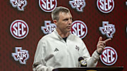 Texas A&M Aggies head coach Bucky McMillan talks with the media during SEC Media Days at Grand Bohemian Hotel.