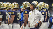 Oct 19, 2024; Atlanta, Georgia, USA; Notre Dame Fighting Irish head coach Marcus Freeman shown during the game against the  Georgia Tech Yellow Jackets at Mercedes-Benz Stadium.