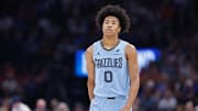 Memphis Grizzlies forward Jaylen Wells walks down the court during a time out against the Oklahoma City Thunder.