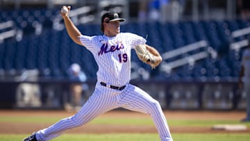 Oct 7, 2022; Peoria, Arizona, USA; New York Mets pitcher Mike Vasil plays for the Peoria Javelinas during an Arizona Fall League baseball game at Peoria Sports Complex. Mandatory Credit: Mark J. Rebilas-Imagn Images