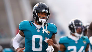 Aug 10, 2024; Jacksonville, Florida, USA; Jacksonville Jaguars wide receiver Gabe Davis (0) takes the field for a preseason game against the Kansas City Chiefs at EverBank Stadium. Mandatory Credit: Nathan Ray Seebeck-Imagn Images
